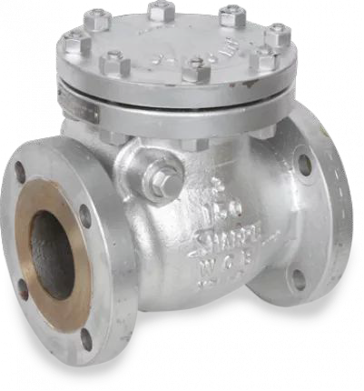 Silver industrial check valve with flanged connections on a speckled background.