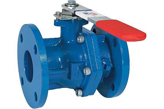 Blue industrial flanged ball valve with a red lever handle on a white background.