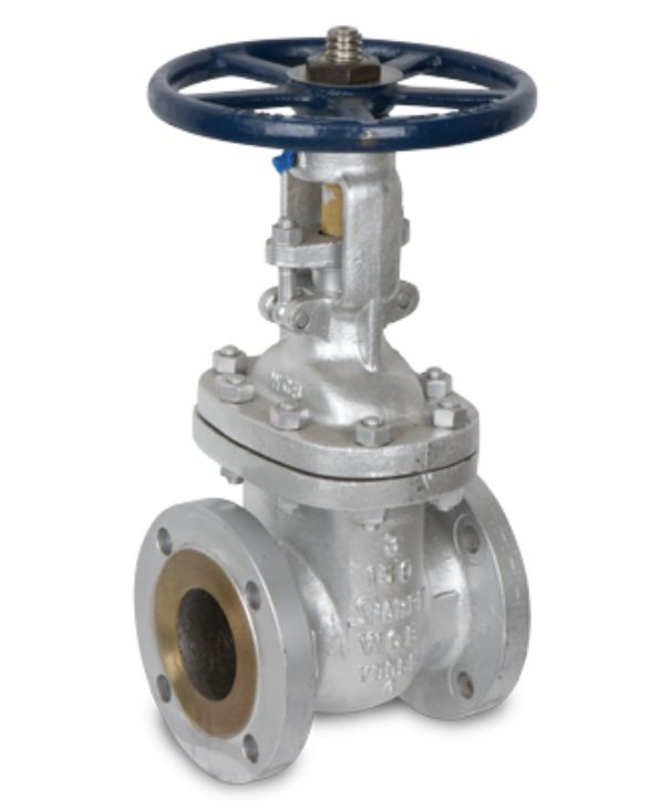Industrial gate valve with a blue handwheel, silver metallic body, and flanged ends. The valve has visible bolted connections and markings indicating its specifications.