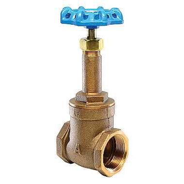 Bronze gate valve with a blue T-handle, featuring a threaded stem and female threaded inlet and outlet ports.