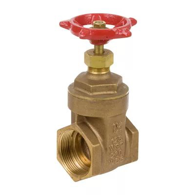 Brass gate valve with a red handwheel, featuring engraved specifications on the body and female threaded connections at both ends.
