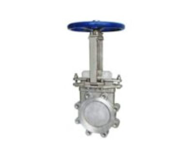 Stainless steel knife gate valve with a blue handwheel, featuring a clear view section in the middle and flanged connections at both ends.