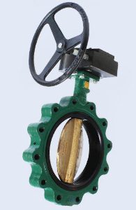 An industrial butterfly valve with a green body and a large black handwheel, displaying an open gold-colored flap against a white background