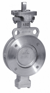 Silver industrial butterfly valve with branding and specifications embossed on its surface, featuring a bolted design and a mounting bracket at the top, set against a transparent background.