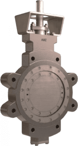 "Metallic industrial butterfly valve with a flanged design, featuring a central disc and a top-mounted bracket with a handle, set against a transparent background.