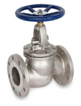 Stainless steel flanged gate valve with a blue handwheel on a white background