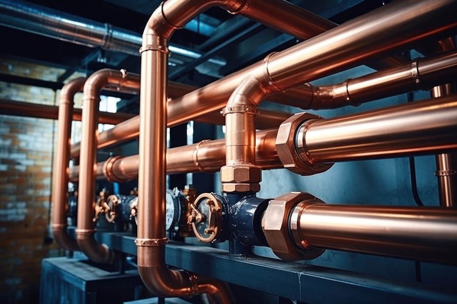 Copper Pipeline of a Heating System in Boiler Room, a Symbol of