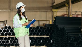 Quality inspector with clipboard ensuring fast, accurate pipe delivery in warehouse.