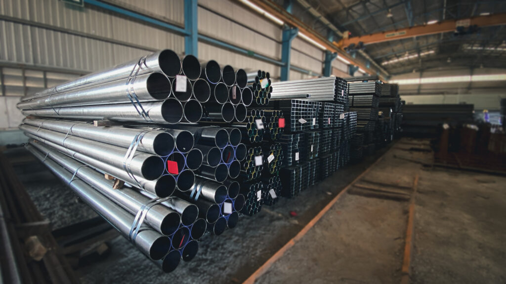 Steel pipes in warehouse for purchasing in bulk.