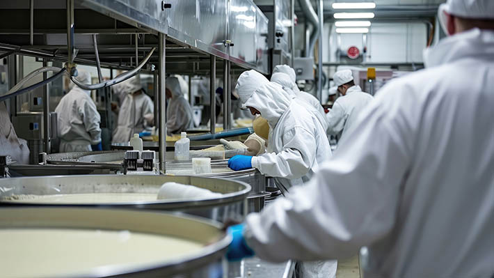 Industrial workers in a sanitary food processing plant