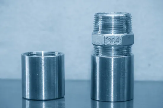 304 stainless steel hex nipple threaded into a stainless steel coupling