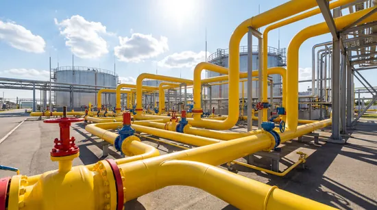Industrial process piping system with valves, flanges, and storage tanks