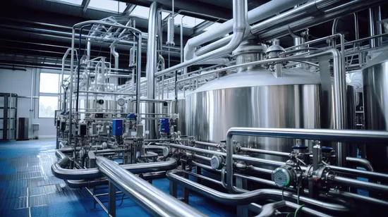 Stainless steel processing tanks and sanitary piping inside an industrial facility