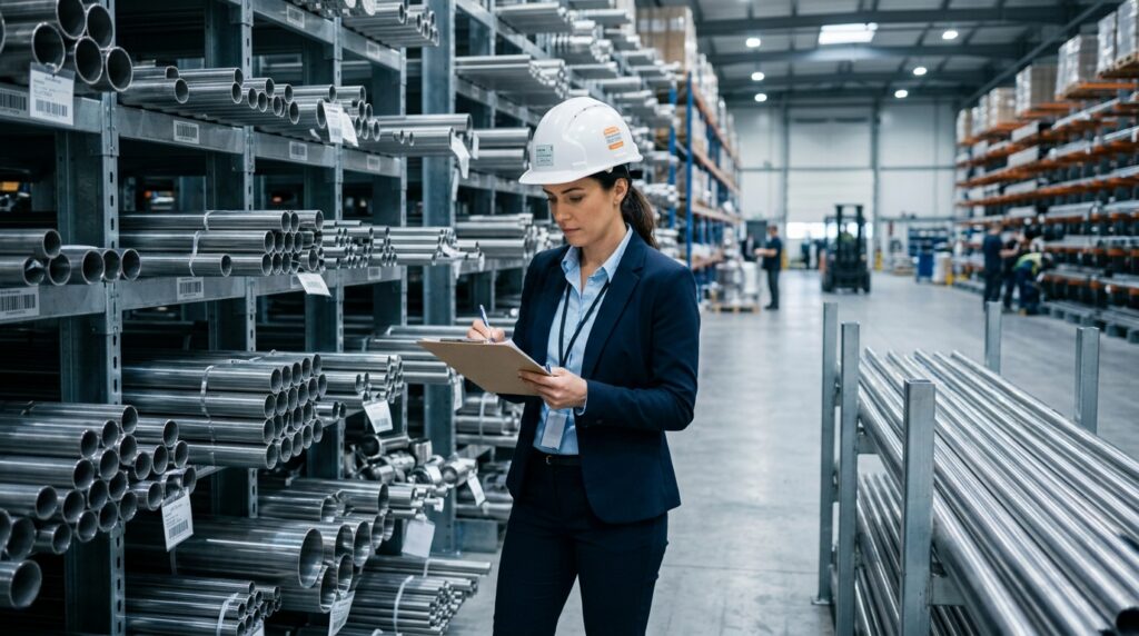 A purchasing manager reviewing stainless steel pipe inventory in an industrial warehouse, representing cost-efficient stainless steel sourcing strategies for procurement teams.