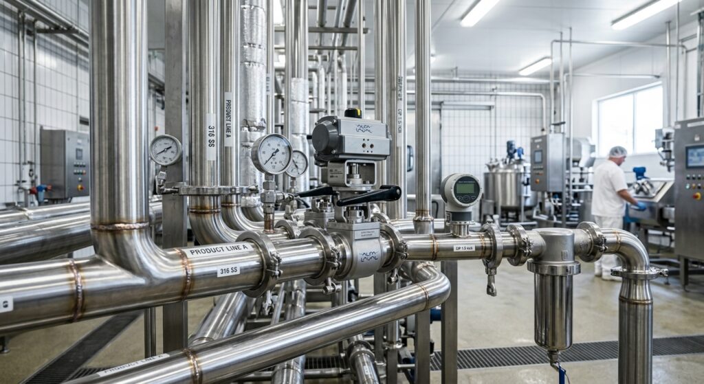 Acid-resistant stainless steel piping in a food and beverage processing facility