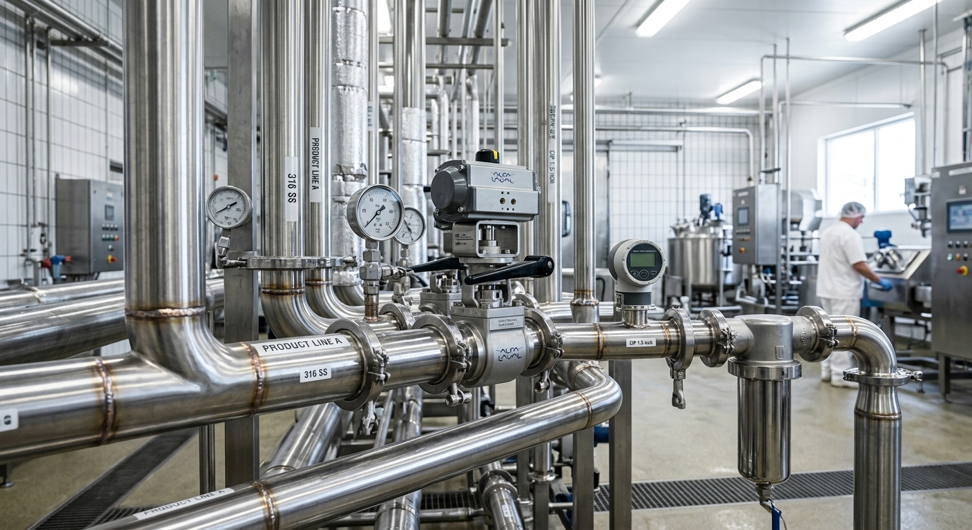 Acid-resistant stainless steel piping in a food and beverage processing facility