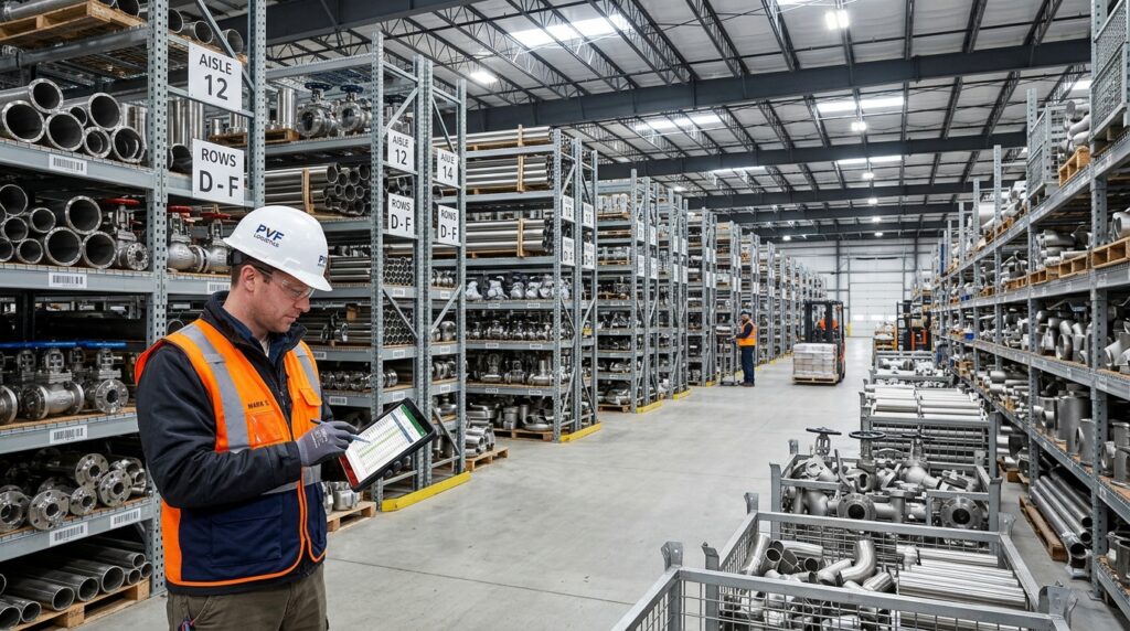 Contractor reviewing industrial pipe, valves, and fittings inventory in a warehouse